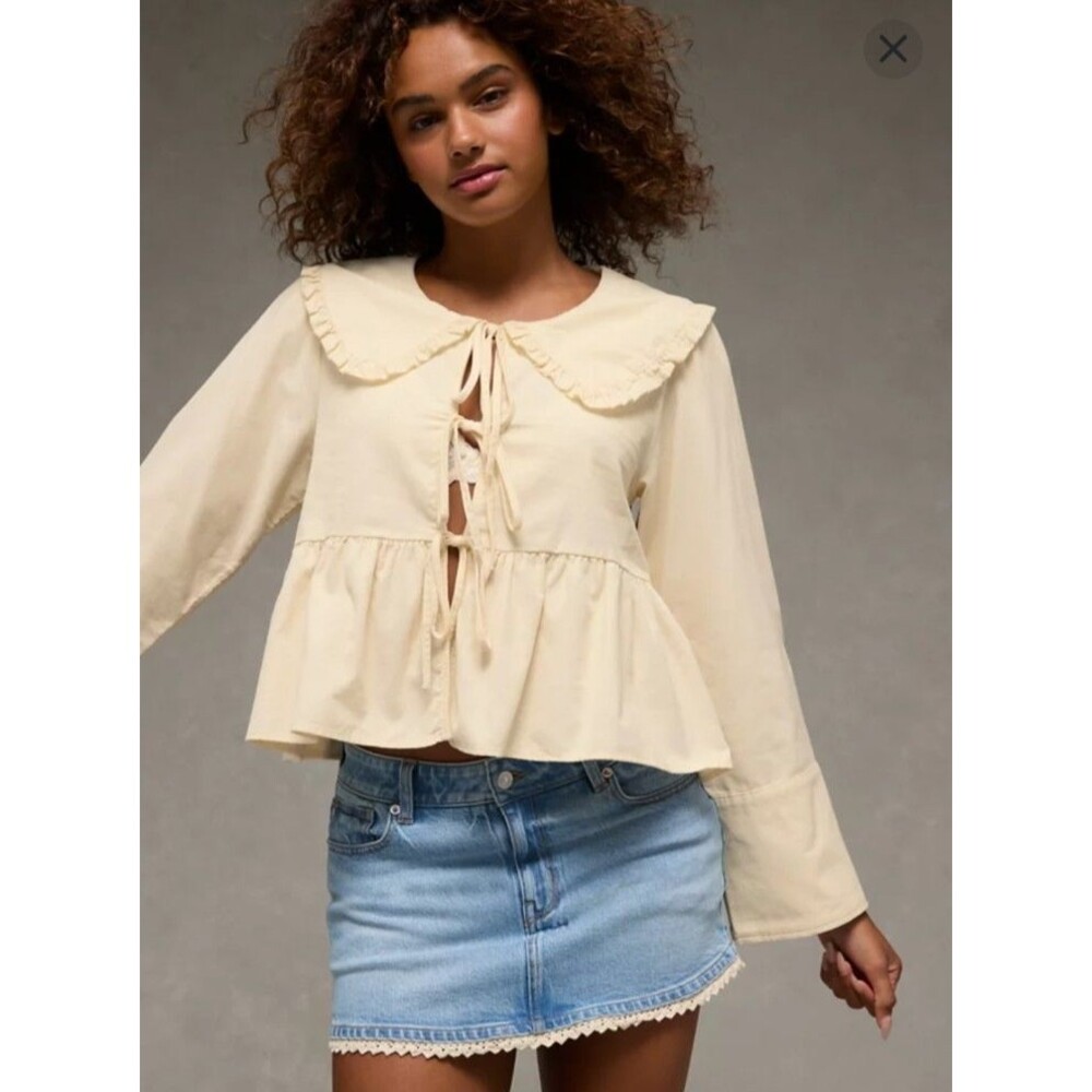AMERICAN EAGLE AE Long Sleeve Tie Front Blouse Top XXL Cream Corduroy Peasant